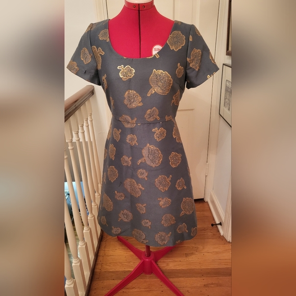Ann Taylor Dresses & Skirts - NWOT Ann Taylor Graphite (Gray/Green-Blue) Brocade Dress Gold Floral Sz 4